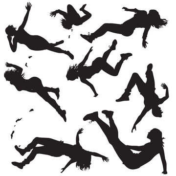 set of falling people silhouettes. vector silhouettes of people falling from a great height. falling female silhouette