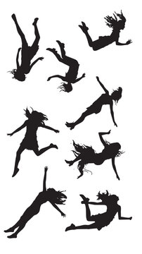 set of falling people silhouettes. vector silhouettes of people falling from a great height. falling female silhouette