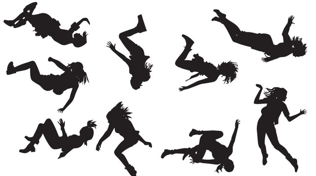 set of falling people silhouettes. vector silhouettes of people falling from a great height. falling female silhouette