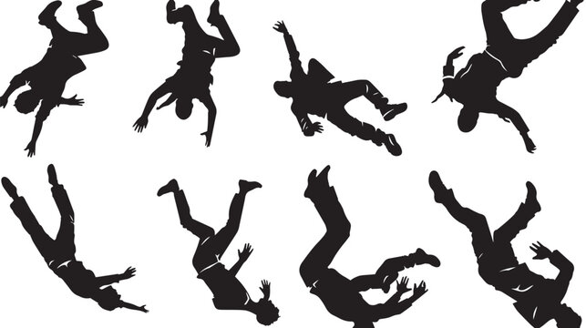 set of falling people silhouettes. vector silhouettes of people falling from a great height. falling female silhouette