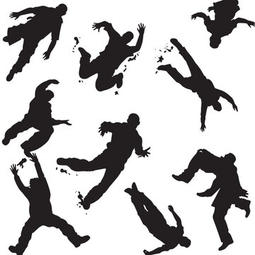set of falling people silhouettes. vector silhouettes of people falling from a great height. falling female silhouette