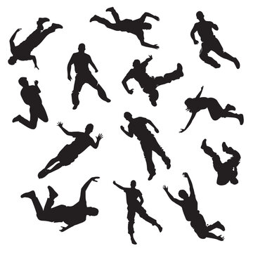 set of falling people silhouettes. vector silhouettes of people falling from a great height. falling female silhouette