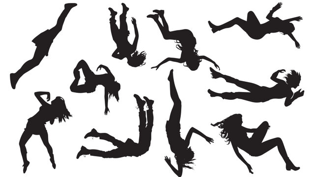 set of falling people silhouettes. vector silhouettes of people falling from a great height. falling female silhouette