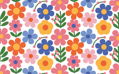 Poster - A Vibrant Floral Tapestry: A Seamless Vector Pattern of Colorful Flowers and Leaves, Perfect for Textiles, Wallpapers, and Botanical-Themed Designs