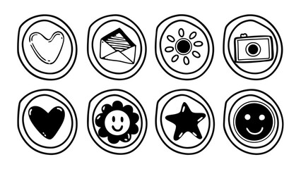 Poster - Doodle style icons including a heart, letter, sun, camera, heart, flower, star and a smiley face created with generated ai