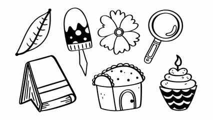 Poster - Doodle style drawing featuring a leaf, ice cream, flower, magnifying glass, book, house and cupcake created with generated ai