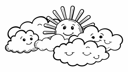 Poster - Illustration of a smiling sun peeking out from behind fluffy clouds with happy faces in black and white created with generated ai