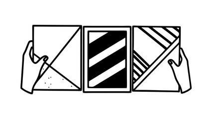 Aufkleber - Hands holding three square cards with geometric designs in black and white line art illustration created with generated ai