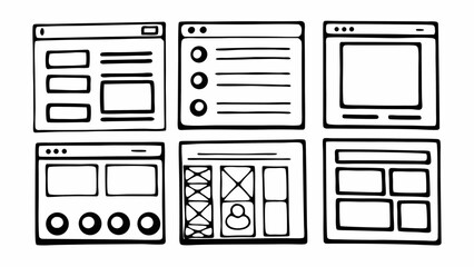 Aufkleber - Six hand drawn website wireframes showing different layouts and interface elements in black and white style created with generated ai