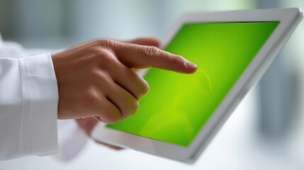 Hand using tablet computer green screen