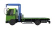 © DysOdyssey - Rendered image of a green truck with a blue 6.5-ton capacity mounted crane and a green flatbed, from an isometric view against a white backdrop. Related to heavy machinery, technical diagrams