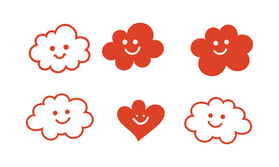 Leinwandbilder - Modern vector illustration featuring playful doodles, fluffy clouds, and oval smiley faces, a heart-shaped smiley, and a simple flower, easily editable.