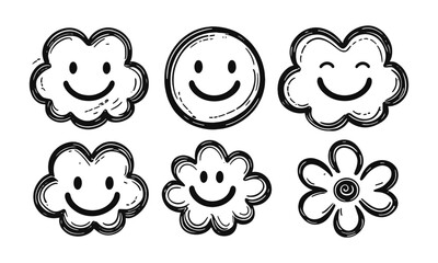Leinwandbilder - Modern vector illustration featuring playful doodles, fluffy clouds, and oval smiley faces, a heart-shaped smiley, and a simple flower, easily editable.