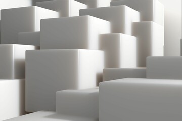 Poster - White cubes and rectangular prisms are forming abstract landscape in 3D render with studio backdrop