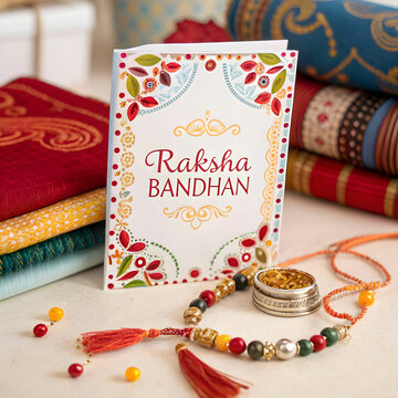 A festive greeting celebrating Raksha Bandhan, featuring traditional Indian cultural elements that symbolize sibling love, protection, and joyful traditions.