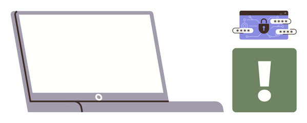 Poster - Open laptop, browser page with a security lock and password fields, and an exclamation icon emphasize online security and warning. Ideal for cybersecurity, data protection, alert systems, IT risk