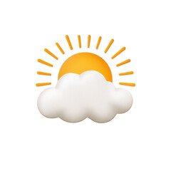 Poster - A 3D rendered soft fluffy cloud partially obscuring a bright yellow sun with rays indicating sunny weather and a clear blue sky