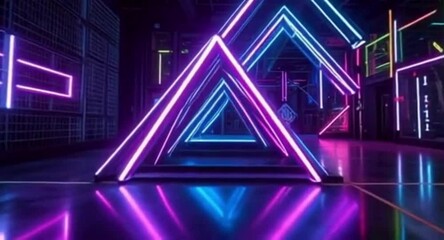 Poster - Futuristic Neon Tunnel with Triangle Shapes and Reflective Floor in a Cyberpunk Setting