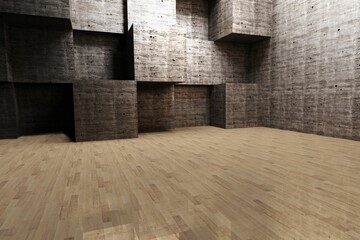 Poster - Vacant geometric interior space showing 3D render of concrete block walls and polished wooden floor
