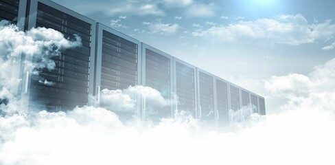 Poster - Server cabinets are emerging from cloud formations in flat design cloud computing illustration