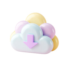 Poster - A 3D Icon Illustration of a Cloud Computing Symbol Representing Downloading with a Pastel Colored Arrow for Transparent PNG