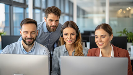 Poster - Four young professionals collaborate and focus on computer screens in a modern office setting.