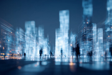Fototapete - A cityscape with a group of people walking on a street