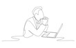 © Yossakorn - Continuous one line drawing of businessman resting his chin on clasped hands and looking up in hope his project will succeed in front of laptop, single line art