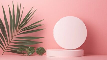 Poster - A soft pink background features a round display platform accompanied by green foliage, creating a fresh and modern aesthetic for product photography or design.