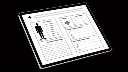 Minimalist Healthcare Technology concept. Digital medical report on a tablet device with patient information.