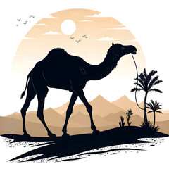 Fototapete - A full-body black silhouette of a camel with one hump, standing in a side profile with clear outlines and minimalistic design.