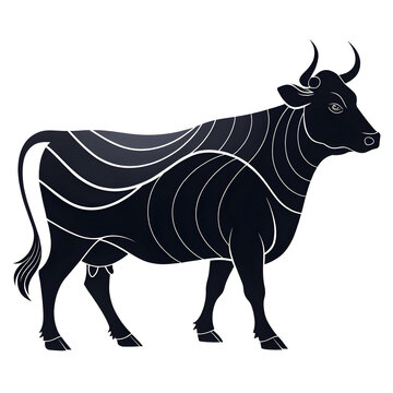 A full-body black silhouette of a cow with a visible udder, shown in side profile with clear outlines and a minimalistic design.