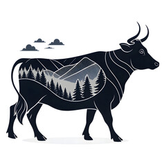 Fototapete - A full-body black silhouette of a cow with a visible udder, shown in side profile with clear outlines and a minimalistic design.