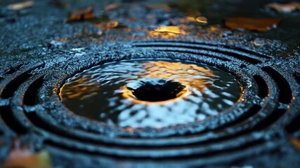 Poster - Rainwater creates ripples on a manhole cover illuminated by golden reflections in an urban setting during autumn