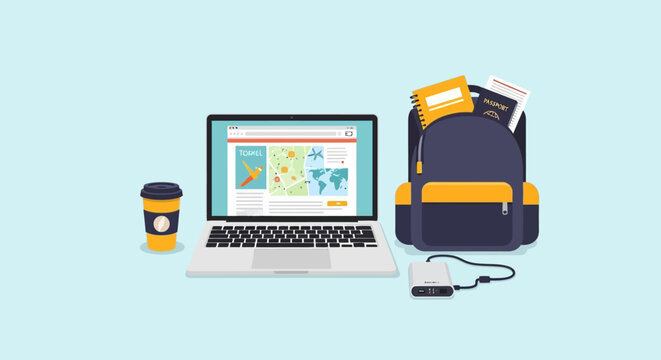 Travel Essentials: Laptop Displaying Map Backpack with Passport Coffee Cup and Hard Drive.