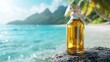 © svastix - An olive oil bottle elegantly placed on a rocky beach, framed by a stunning tropical landscape, emphasizing the allure of nature and culinary excellence in a serene setting.