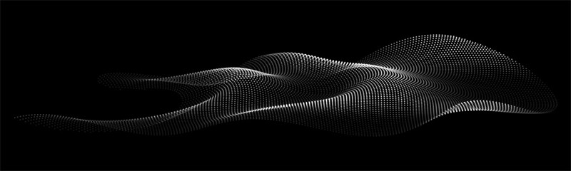 Aufkleber - Flowing dots particles wave pattern 3D curve halftone white grey gradient curve shape isolated on black background. Vector in concept of technology, science, music, modern.