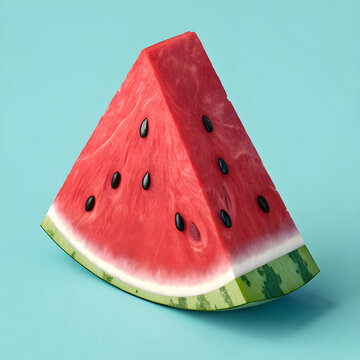 3D rendered watermelon wedge with red flesh and black seeds.