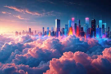Poster - Abstract Blue Cloud Network Background: Modern Connection and Communication Concept