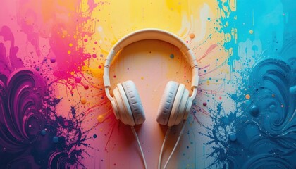 Poster - Colorful Headphones Abstract Background with Splatters and Paint Effects