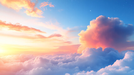 Aufkleber - A breathtaking view of clouds illuminated by a colorful sunset. The sky glows with hues of orange, pink, and blue, creating a serene atmosphere.