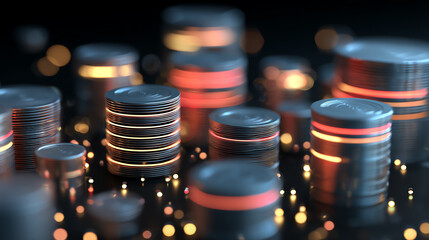Poster - A close-up view of stacked coins with glowing edges, symbolizing finance, investment, and wealth accumulation in a digital world.