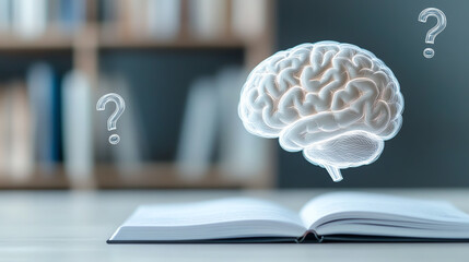 Poster - A conceptual image of a brain above an open book, symbolizing knowledge, learning, and curiosity, blending education and imagination.