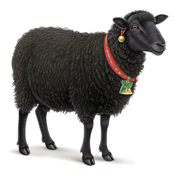 Full-body black Eid sheep with a festive tag and collar, shown in side profile, featuring a clean design with subtle decorative details.