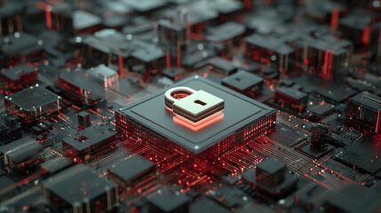 Aufkleber - A futuristic digital lock on a microchip, symbolizing security and data protection in the technology landscape.