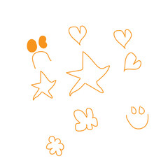 Aufkleber - A simple drawing featuring orange shapes including stars hearts flowers and a smiley face on white background