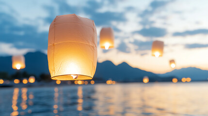 Poster - A serene evening as lanterns illuminate the water, creating a magical atmosphere perfect for relaxation and reflection.