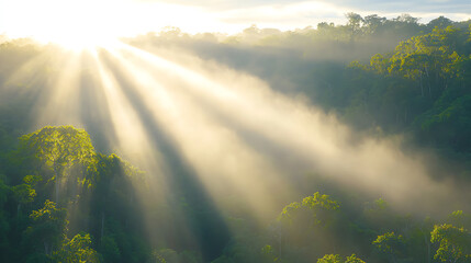 Poster - A serene landscape showcasing rays of sunlight piercing through lush trees, creating a tranquil and peaceful atmosphere.