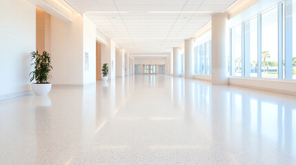 Poster - A spacious, modern corridor with bright lighting and large windows, featuring minimalistic design and sleek flooring.