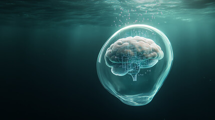 Poster - A surreal image of a brain suspended in a bubble underwater, symbolizing deep thought and consciousness in a tranquil environment.